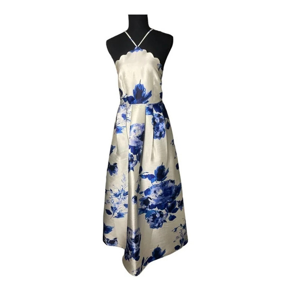 IN San Francisco Junior's Size 1 Blue & White Floral Scalloped Halter Neckline - Picture 1 of 13